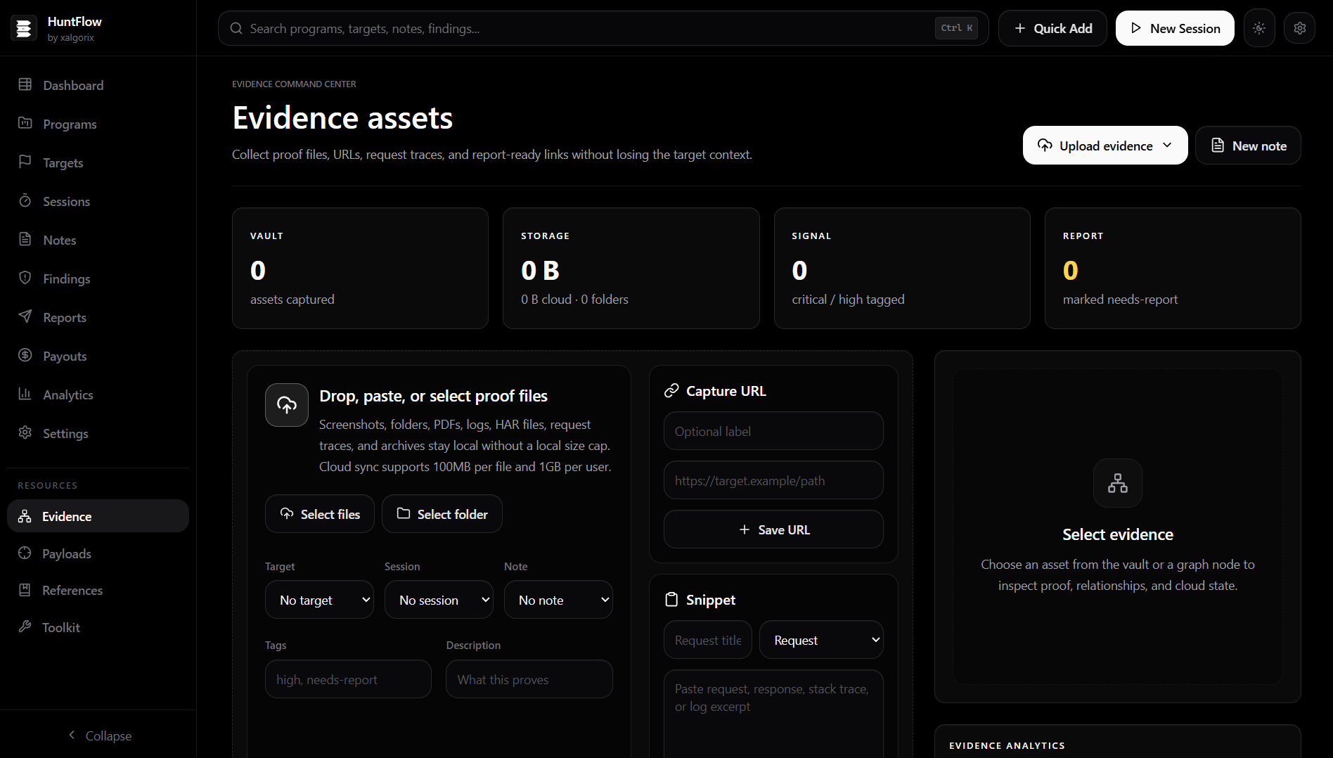 Evidence command center with drag-drop vault, capture URL, snippet capture, and analytics
