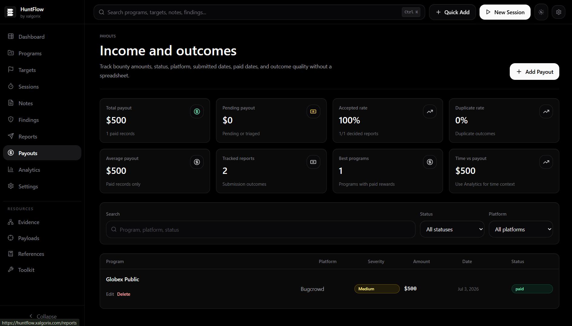 Payouts tracker with engagement payouts, status filters, and tax export