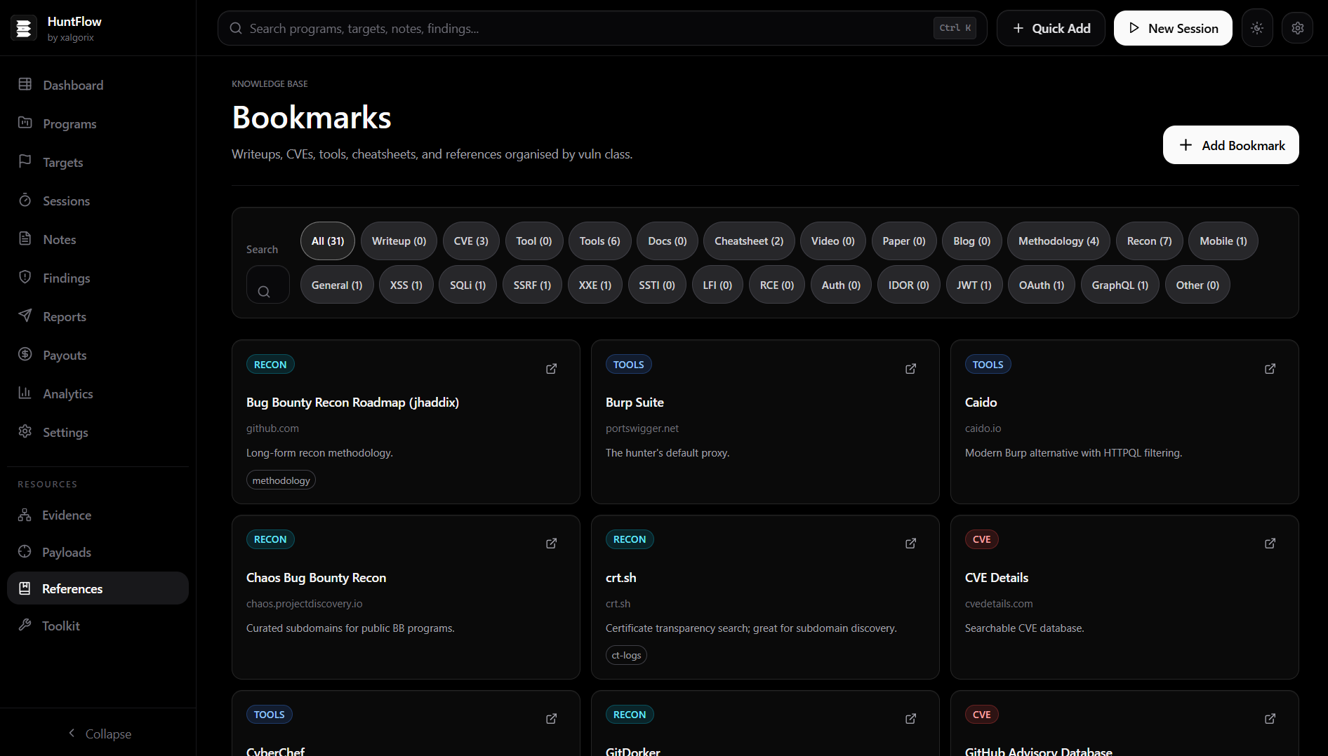 Bookmarks grid with recon, tools, and CVE references including Burp, Caido, and crt.sh