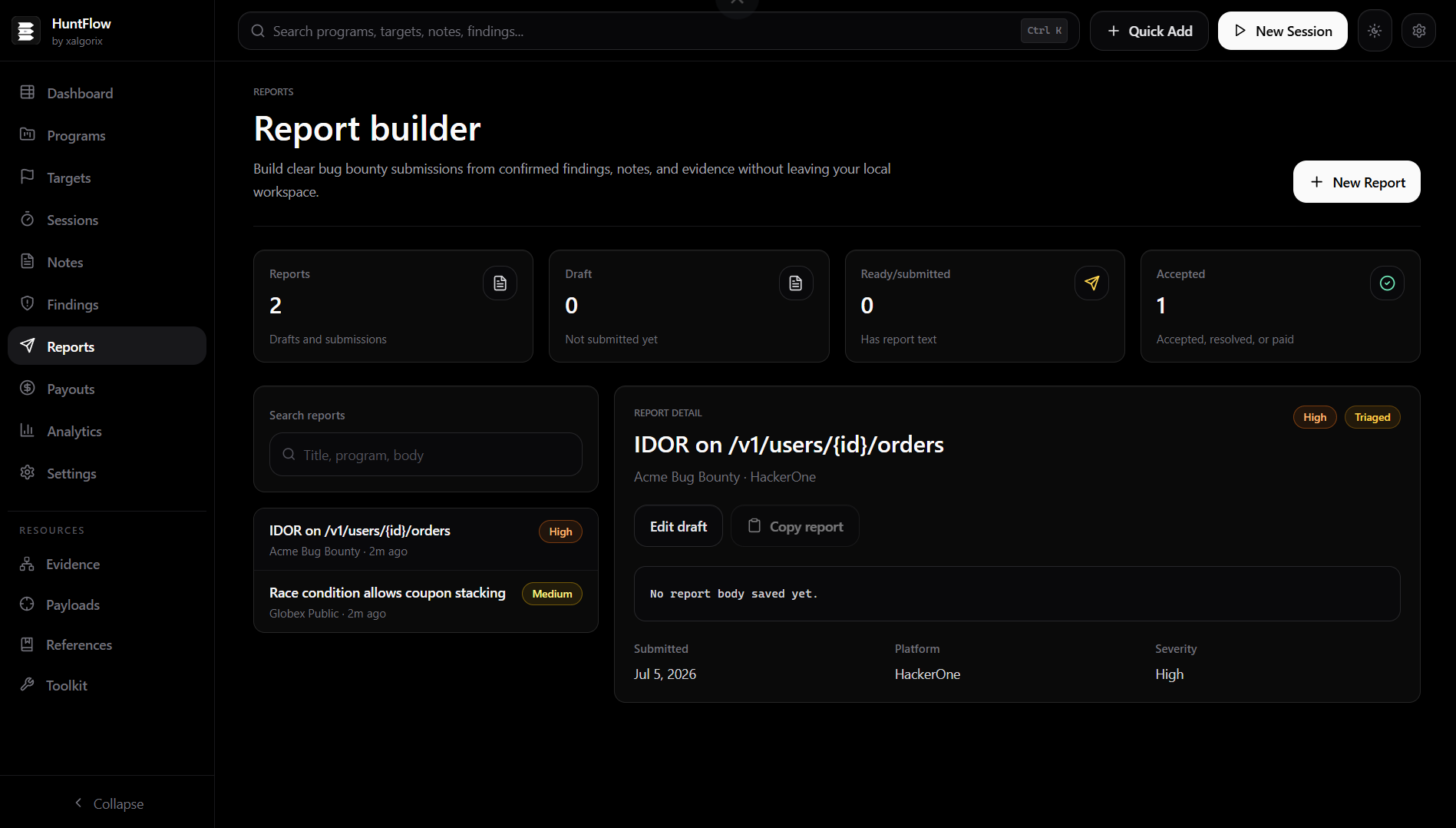 Report builder with markdown editor, CVSS calculator, and PDF export preview