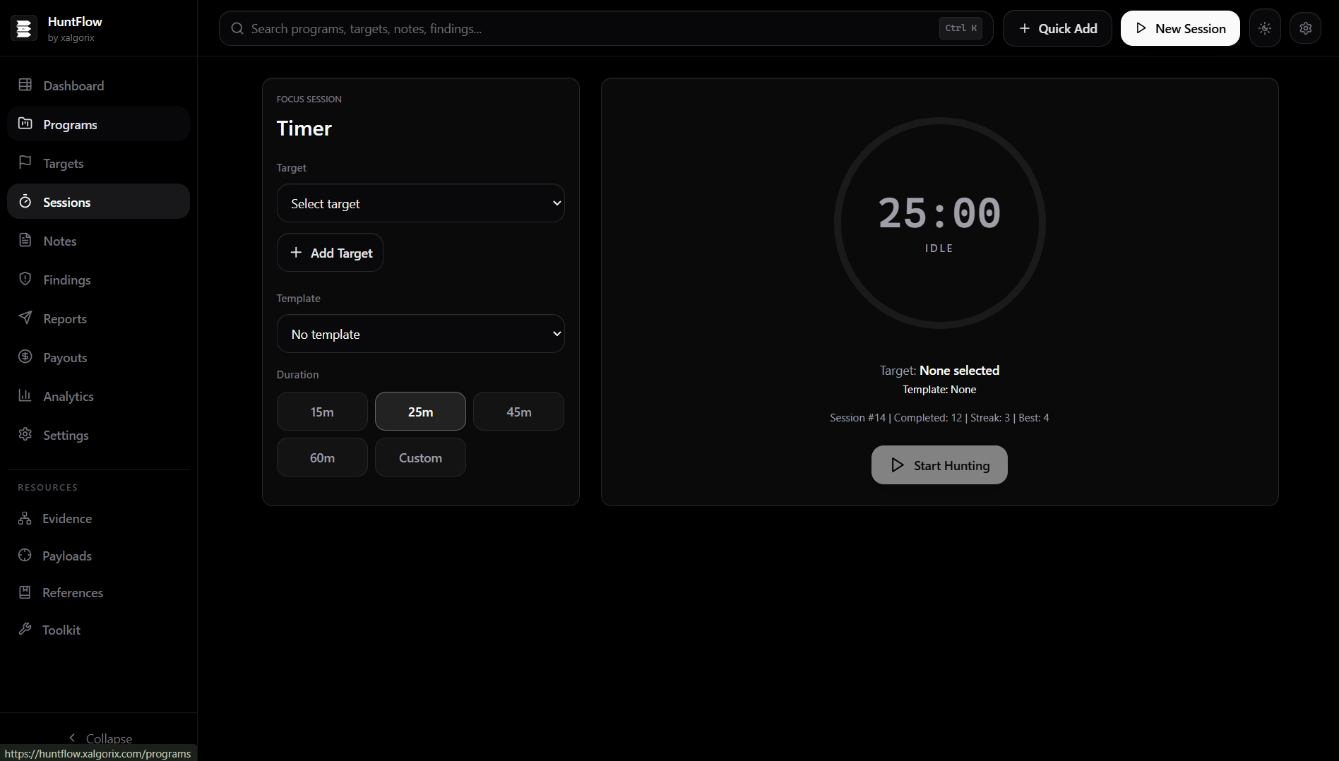 Focus session timer running 12:43 against Acme engagement with streak and session counters