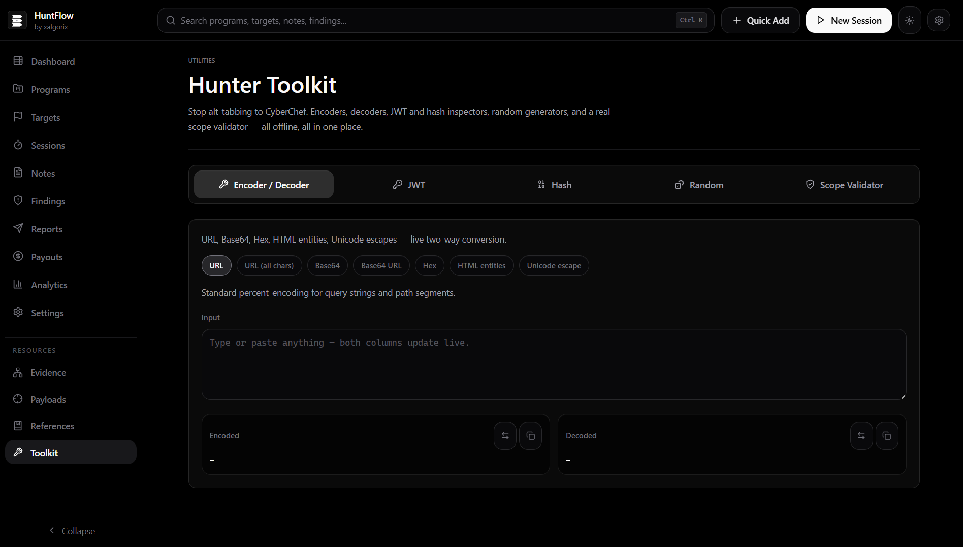 Pentest toolkit utilities with Encoder/Decoder, JWT, Hash, Random, and Scope Validator tabs